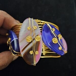 Adjustable Gold-tone Multi-wire Pink and Blue Stones Cuff Bracelet